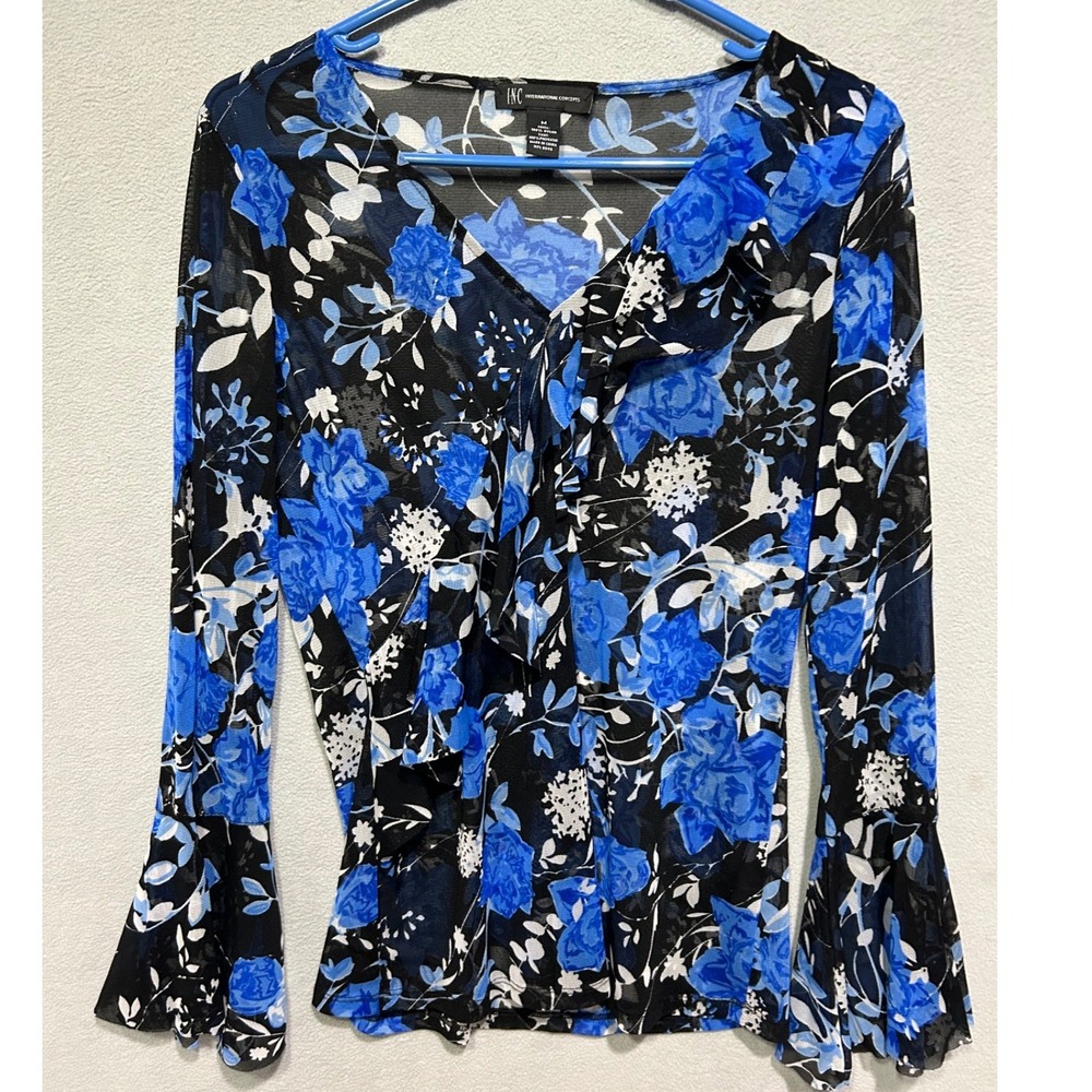 INC International Concepts Blue Floral Mesh Top Womens M Bell Sleeve Ruffle